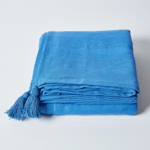 Homescapes Cotton Rajput Ribbed Blue Throw, 255 x 360 cm