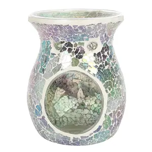 Light Blue Iridescent Glass Flared Oil, Wax Melt Burner. Mirrored Crackle Effect. H14 cm