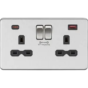 Knightsbridge Screwless Double Switched Socket Dual USB-C USB-A FASTCHARGE Brushed Chrome / Black - SFR9909BC