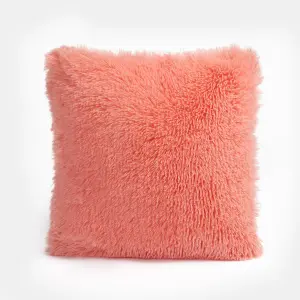 Fluffy Fleece Cushion Plump Filled Supersoft Warm Chair Pillow, Square - Coral