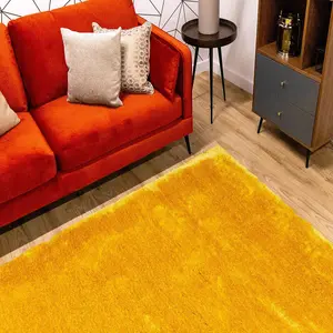 Yellow Plain Handmade Luxurious Modern Plain Shaggy Sparkle asy to Clean Rug For Dining Room Bedroom And Living Room-80cm X 150cm