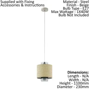 Hanging Ceiling Pendant Light Seagrass Shade & Glass E27 Hallway Feature Lamp