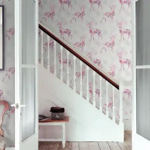 Dove Floral Stag Wallpaper Pink Multicolour Geometric Pattern Paste The Wall