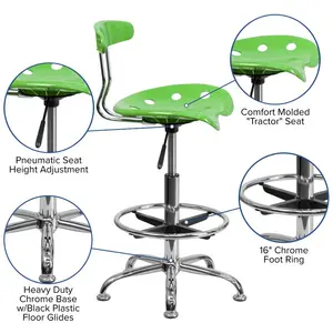 Vibrant Chrome Drafting Stool with Tractor Seat Apple Green