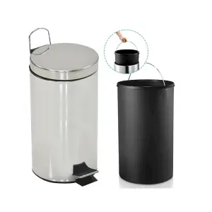 Strong 30L Stainless Steel Slim Indoor Outdoor Slip Resistant Pedal Bin With Removable Inner Bin & Handle