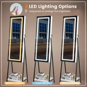 Costway LED Standing Jewelry Mirror Cabinet Lockable Jewelry Armoire w/ 3-Color Lighted Mirror