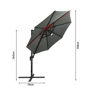 3m Aluminium Cantilever Parasol with 360 Degree Rotation Solar LED Outdoor Patio Round Umbrella