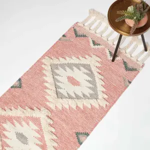 Homescapes Pali Pink Kilim Runner Wool Rug 66 x 200 cm