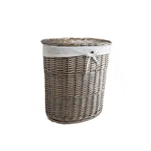 Oval Wicker Lined Laundry Basket Bin Light Grey / Medium (50 cm x 46 cm x 32 cm)