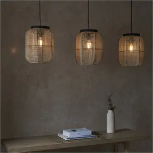 Hanging Ceiling Pendant Light - Natural Linen Dark Plywood & Matt Black - 3 X 10W LED E27