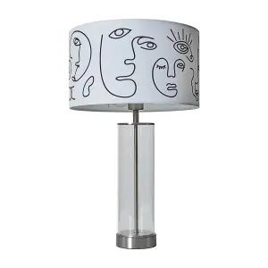 ValueLights Balan Brushed Chrome and Clear Tube Table Lamp with White Artistic Portrait Design Shade