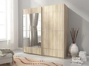 Mika 4 Contemporary 2 Sliding Door Wardrobe 1 Mirror Door 4 Shelves 1 Hanging Rail Oak Effect (H)2140mm (W)1500mm (D)630mm