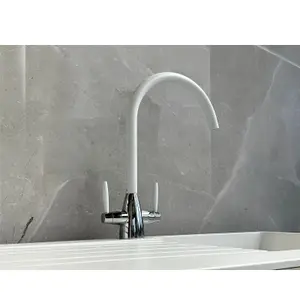 Liquida LC02WH Swan Neck Twin Lever Chrome and White Kitchen Mixer Tap