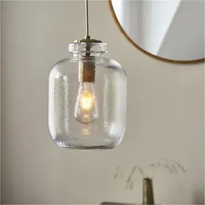 Hanging Ceiling Pendant Light - Clear Textured Glass & Antique Brass Plate - 10W LED E27