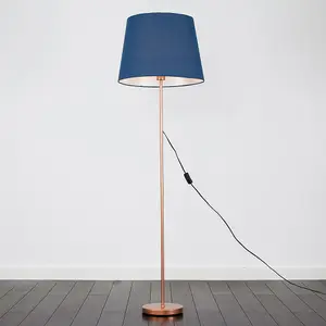 ValueLights Modern Copper Metal Standard Floor Lamp With Navy Blue Tapered Shade - Includes 6w LED Bulb 3000K Warm White