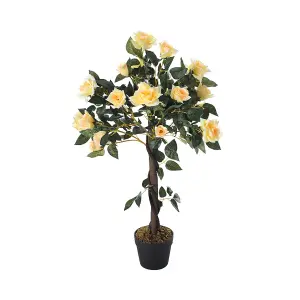 Yellow Artificial Plant Realistic Rose Flower Tree Fake Plant House Plant in Black Pot H 90 cm