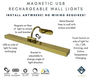 CGC VIRGO Curved Satin Gold LED Rechargeable Magnetic USB Over Picture Wall Light