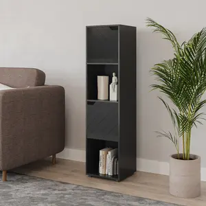 URBNLIVING 119cm Height Wooden Cube Bookcase with Line Door Display Shelf Storage Black Shelving Unit