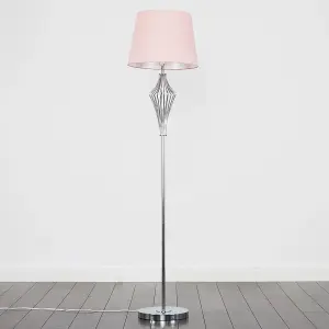 ValueLights Jaspa Polished Chrome Metal Wire Geometric Diamond Design Floor Lamp with Pink Shade