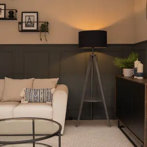 ValueLights Morrigan Grey Wood Tripod Design Floor Lamp with Storage Shelf & Navy Blue Drum Shade - Includes 6w LED Bulb 3000K