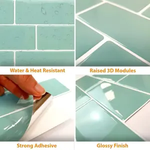 3D Tile Stickers Peel & Stick Backsplash Waterproof Capri Sea 30 Sheets 30.5cm(12") Green