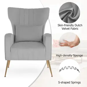 Costway Velvet Upholstered Wingback Chair Modern Single Sofa Chair w/ Lumbar Pillow