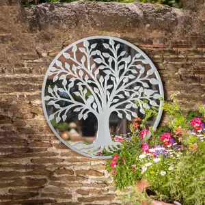 Tree of Life Outdoor Garden Wall Mirror - Grey Distressed Decor with Robin Birds Makes a Great Memorial