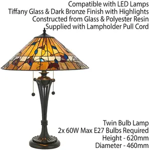 Tiffany Glass Table Lamp Light Dark Bronze & Rich Colours Floral Shade i00175