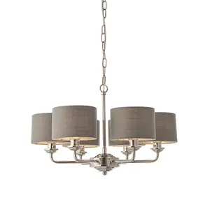 Luminosa Highclere Pendant Light Bright Nickel Plate, Charcoal Fabric Multi Arm Shade