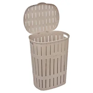 URBNLIVING 65L Brown Plastic Bamboo Style Laundry Basket Storage Bin With Handles & Easy Open Lid