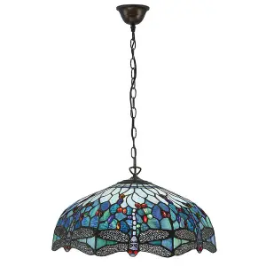 Luminosa Dragonfly Tiffany 3 Light Large Ceiling Pendant Bronze, Blue