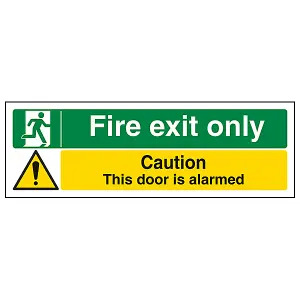 Fire Exit Only / Door Alarmed Sign - Rigid Plastic - 600x200mm (x3)