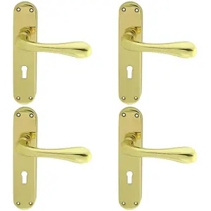 4 PACK - Rounded Flaired Latch & Lock Door Handle - Polished Brass Lever on Backplate