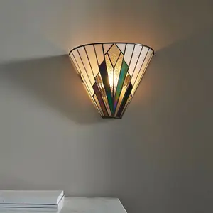 Tiffany Glass Wall Light Cream & Iridescent Black Shade Interior Sconce i00238