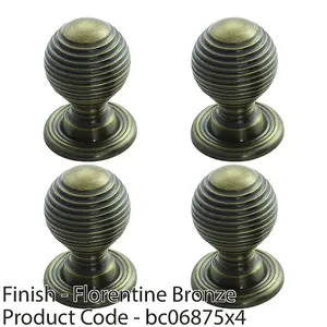 4 PACK - Reeded Ball Door Knob - 28mm Florentine Bronze Lined Cupboard Pull Handle & Rose