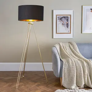 ValueLights Aero Gold Hairpin Design Tripod Floor Lamp with Black Gold Drum Shade