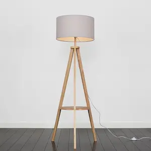 Ismay 149 cm Morrigan Wood Tripod Floor Lamp with Shelf & XL Reni Shade Light Brown / Grey / No