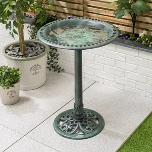 Garden Bird Bath Ornate Resin Birdbath With Rustic Metal Effect H60cm Green Christow