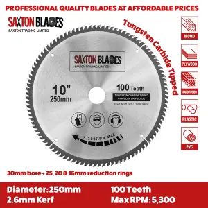 Saxton TCT250100T TCT Circular Saw Blade 250mm x 100T x 30mm Bore + 16, 20 and 25mm Reduction Rings