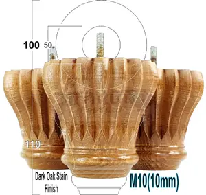 SET OF 4 REPLACEMENT FURNITURE BUN FEET DARK OAK STAIN TURNED WOODEN LEGS 110mm HIGH M10 (10mm)