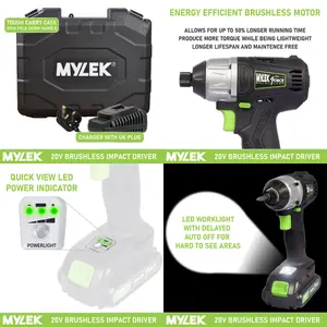 Mylek Cordless Li-ion Impact Drill Driver 20V Brushless, Variable Speed (0-2400RPM), 280Nm, 0-3200BPM, 2000Ah Battery