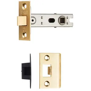 76mm Bolt Through Tubular Door Latch Square Strike Plate Forend Polished Brass