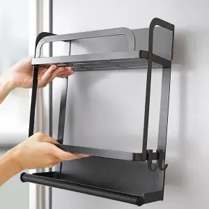 2 Tier Magnetic Spice Rack Fridge Shelf Space Saving Kitchen Storage Unit with Cling Film Holder