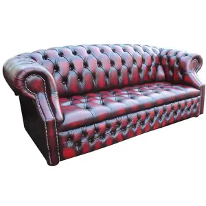 Chesterfield 3 Seater Buttoned Seat Sofa Antique Oxblood Leather In Buckingham Style