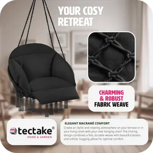 Swing Chair Samira - thick seat cushion, stable ropes for hanging indoor or outdoor - black