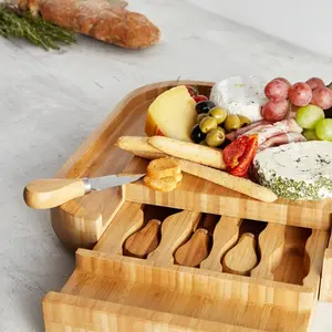 Bamboo Cheese Board, Rectangular Serving Tray With Stainless Steel Knife Set, Easy Clean Charcuterie Serving Board With Knife Drawer & Gift Box