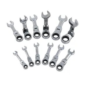 12pc Metric Stubby Flexible Ratchet Combination Spanner Set 8mm - 19mm