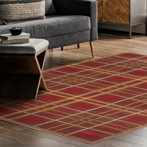 Brown Chequered Modern Tartan Easy to Clean Chequered Rug For Dining Room-120cm X 170cm