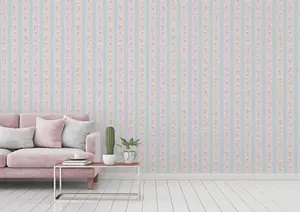 Galerie Maison Charme Blue Vintage Rose Stripe Motif Wallpaper Roll