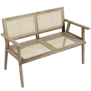 Costway Teak Wood Garden Bench 2-Person Patio Lounger Loveseat W/ Rattan Backrest & Seat